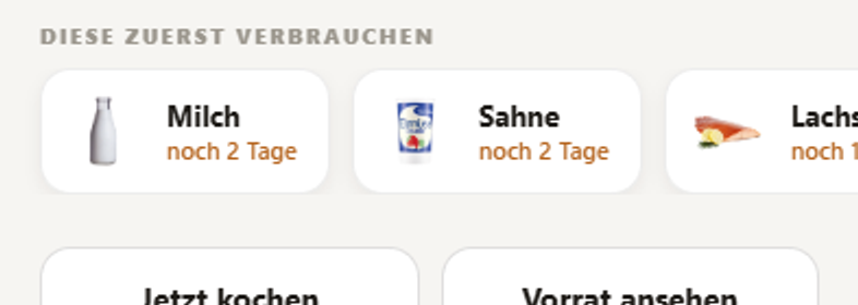 Hinweis in der App: diese Zutaten zuerst verbrauchen, Tomaten noch 1 Tag