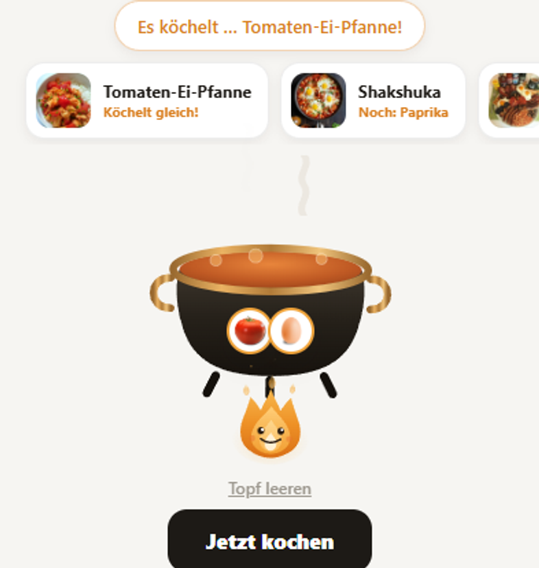 Kochtopf in der App erkennt aus Tomate und Ei die Tomaten-Ei-Pfanne