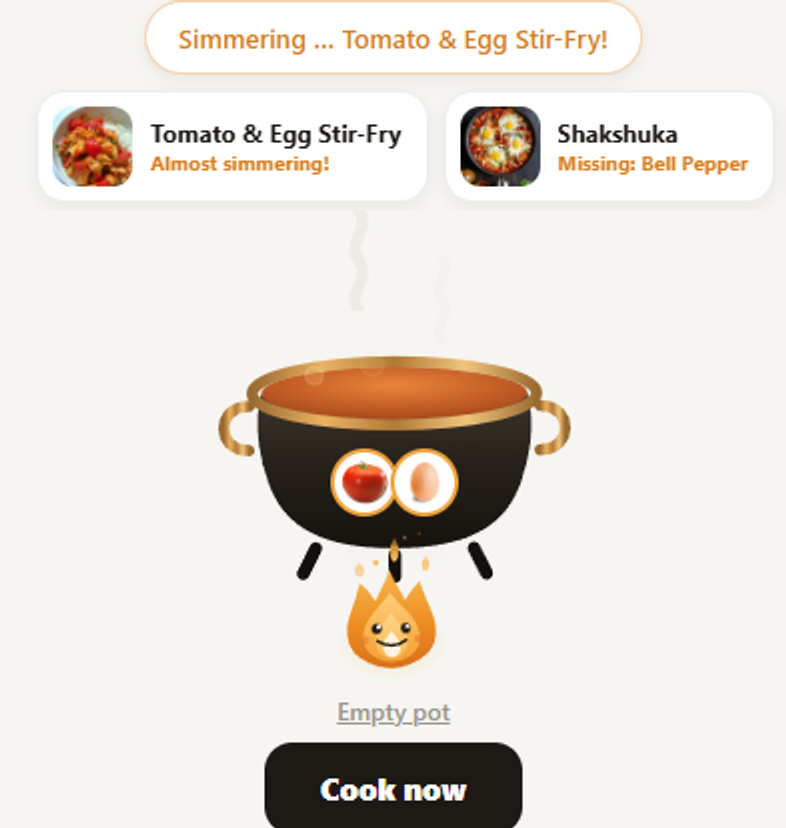 The cooking pot in the app recognizes Tomato & Egg Stir-Fry from tomato and egg