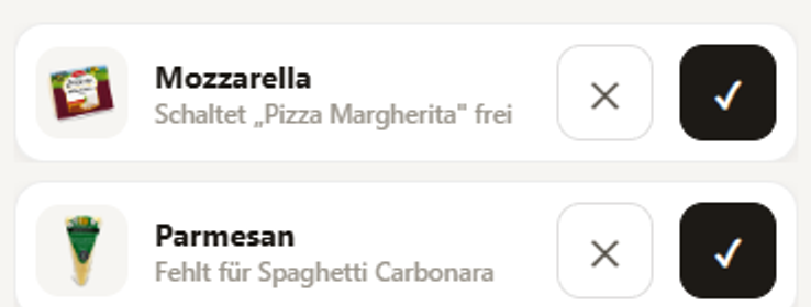 Einkaufsliste mit Begründung je Zutat: Mozzarella schaltet Pizza Margherita frei