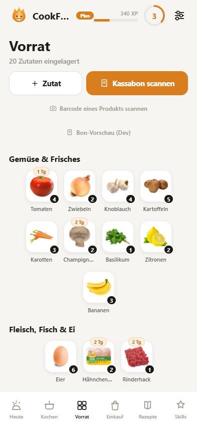 CookFuse-App: Vorrat mit Ablauf-Hinweisen an den Zutaten