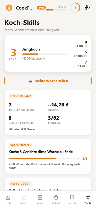 CookFuse-App: Skills-Ansicht mit Wochenziel und Bilanz