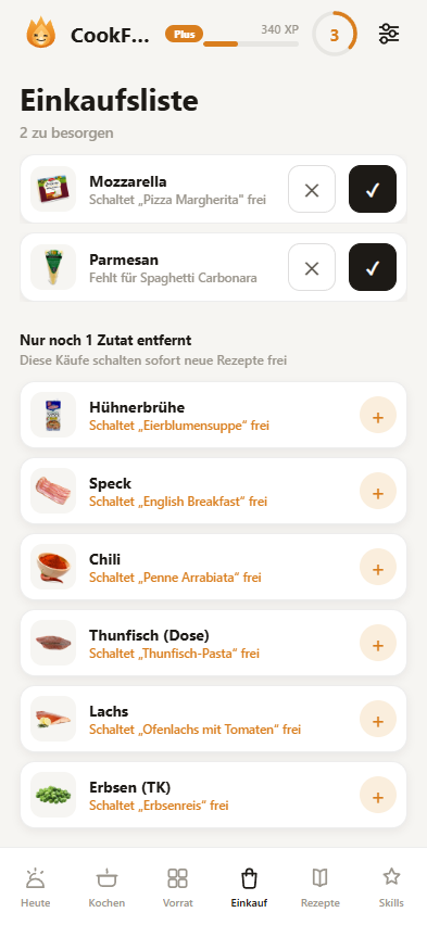 CookFuse-App: Einkaufsliste mit Begründung je Zutat