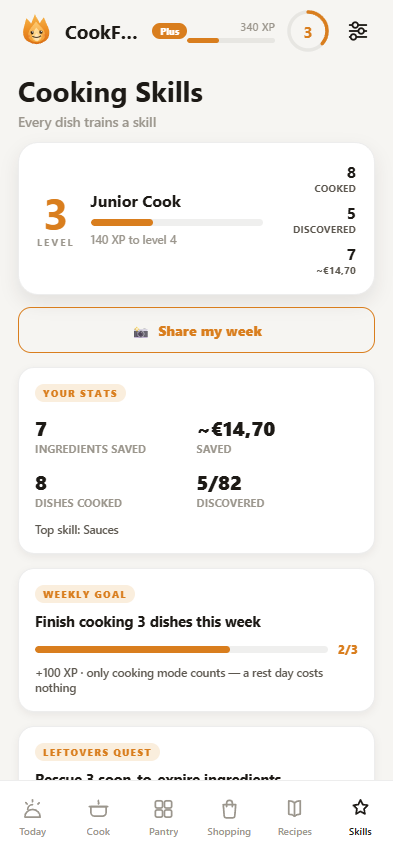 CookFuse app: Skills view with weekly goal and stats